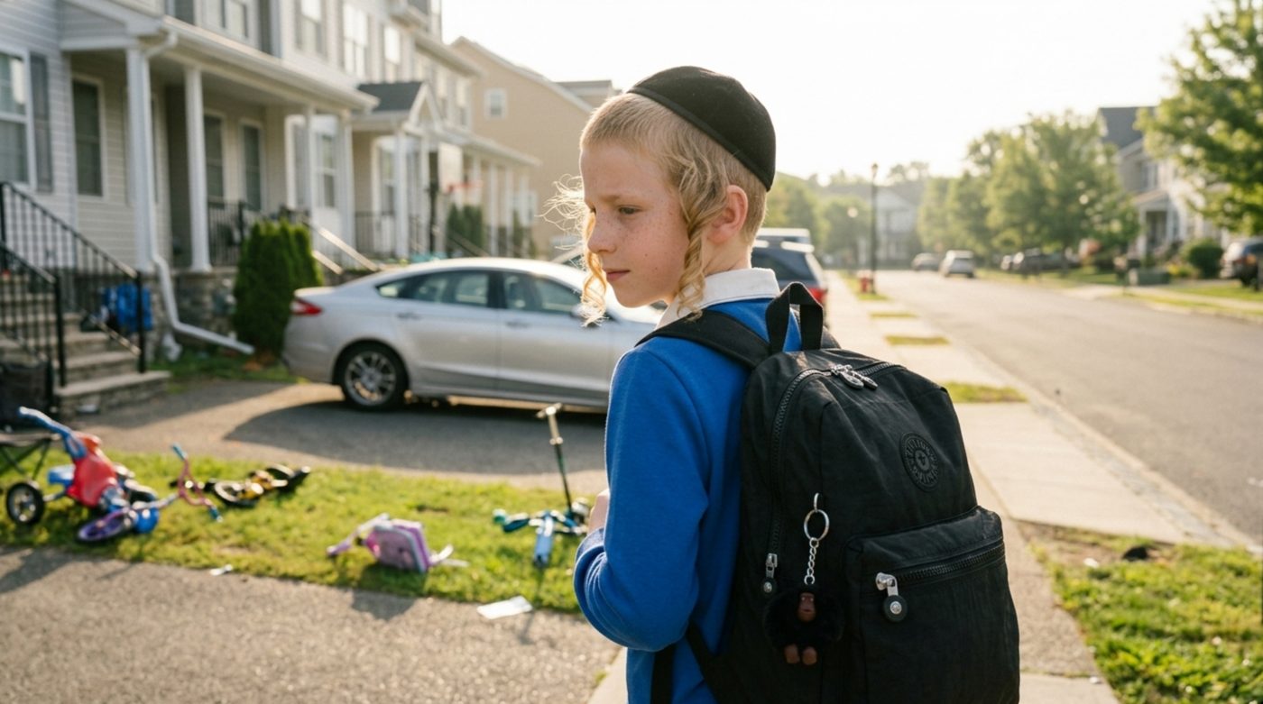 Student image: boy with a backpack on a suburban sidewalk