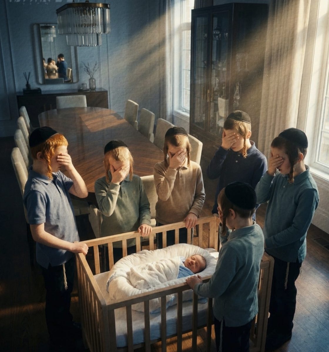 Student image: brothers covering their eyes around a newborn's crib