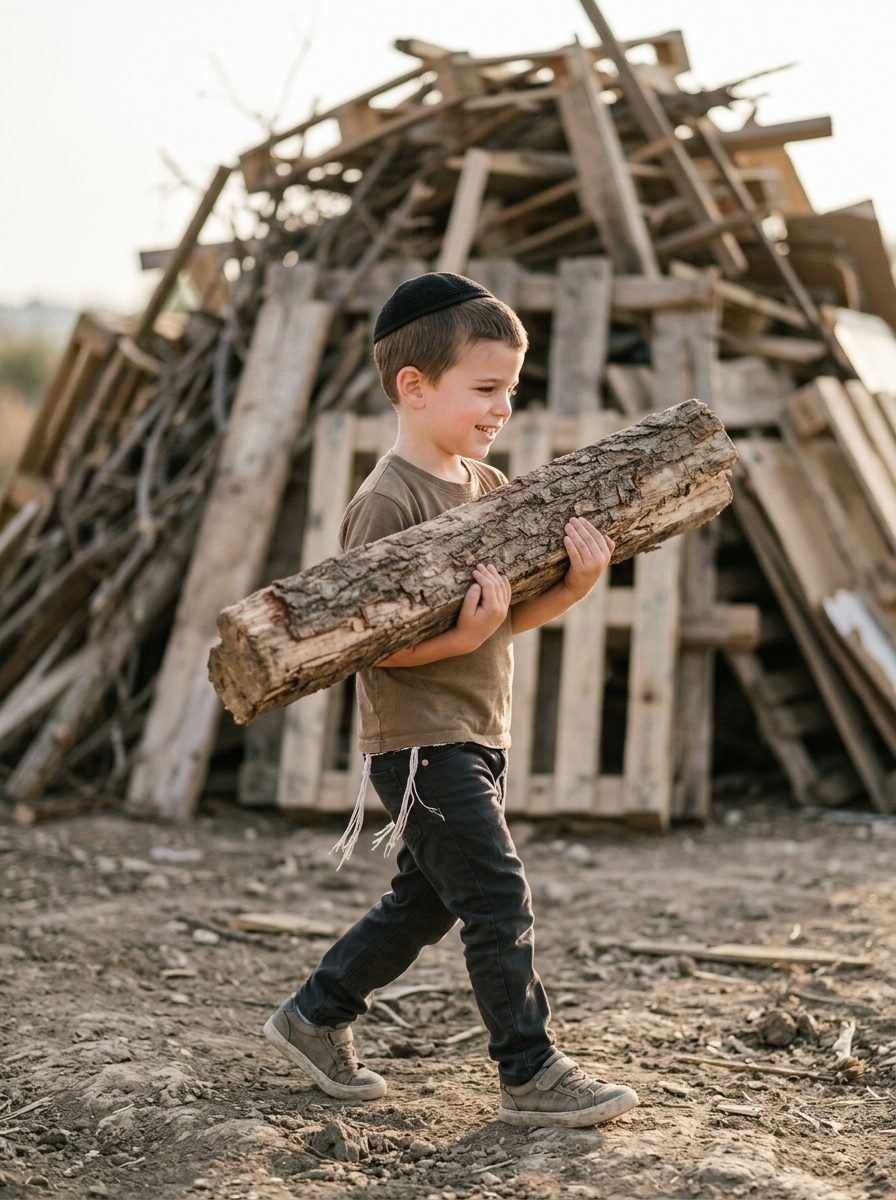 Student image: boy carrying a log past a woodpile