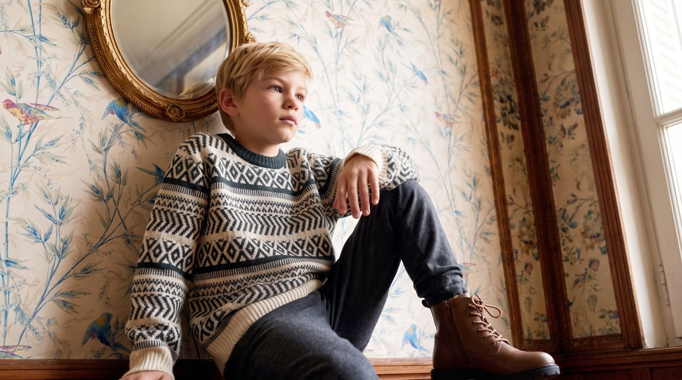 Blond boy in a fair-isle sweater by an ornate mirror