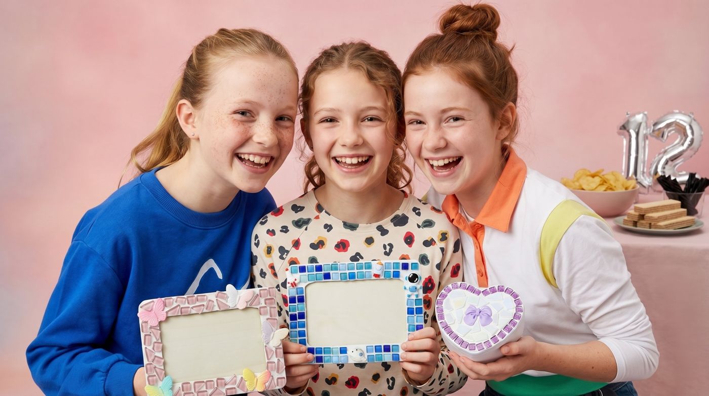 Three laughing girls holding mosaic craft frames