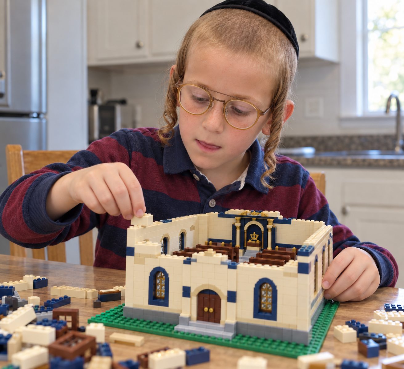 Boy in glasses building a shul out of toy bricks