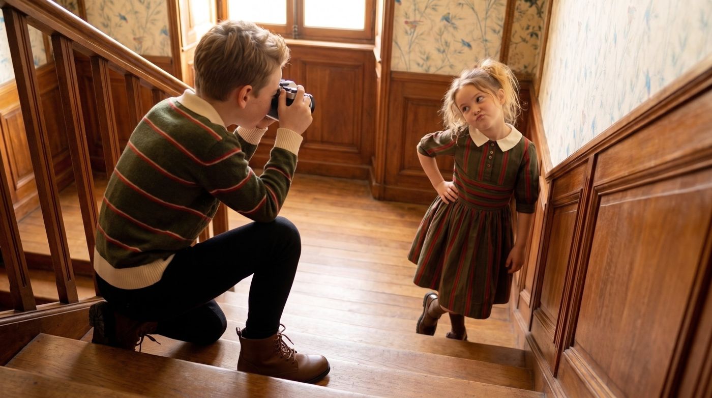 Brother photographing his sister on a wooden staircase
