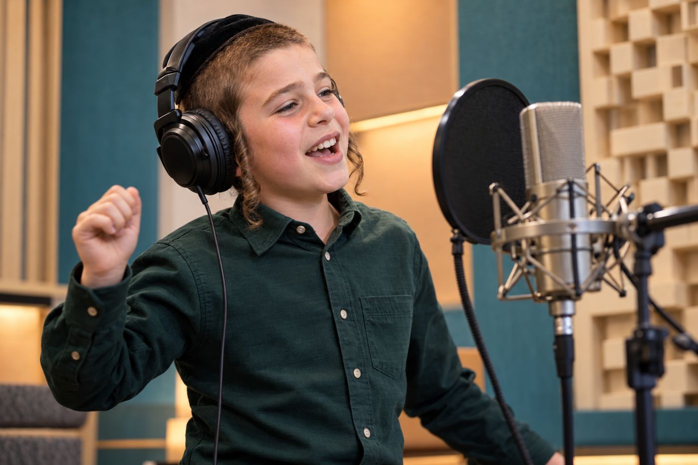 Boy singing into a studio microphone