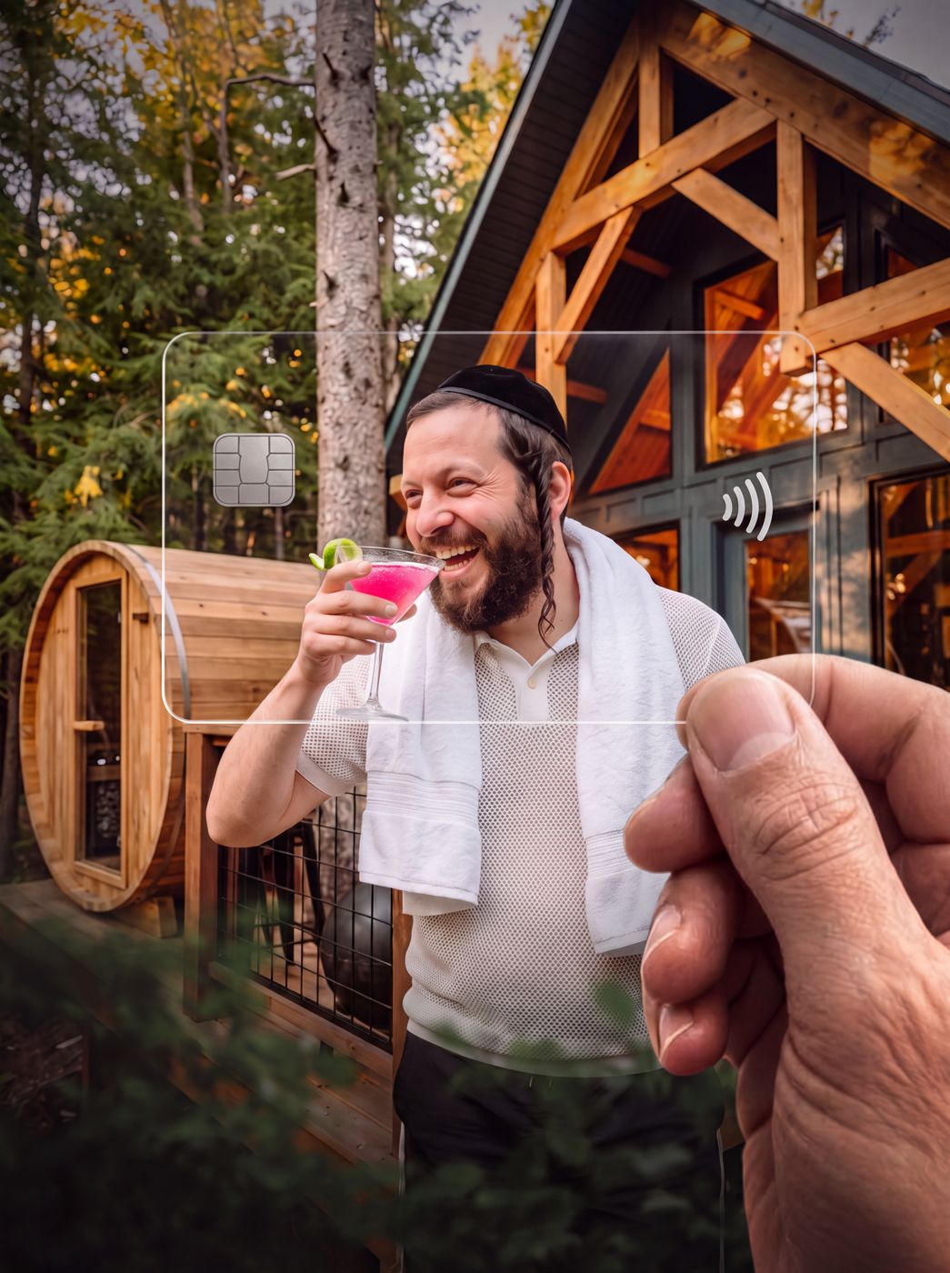 Man with a towel outside a cedar sauna