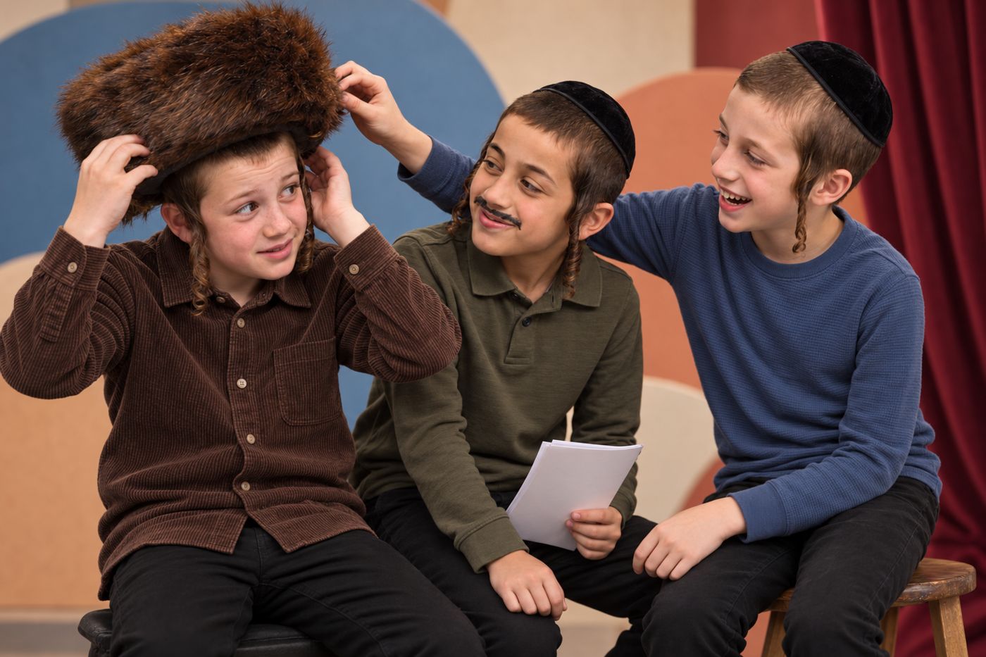 Three boys laughing, one trying on a fur hat