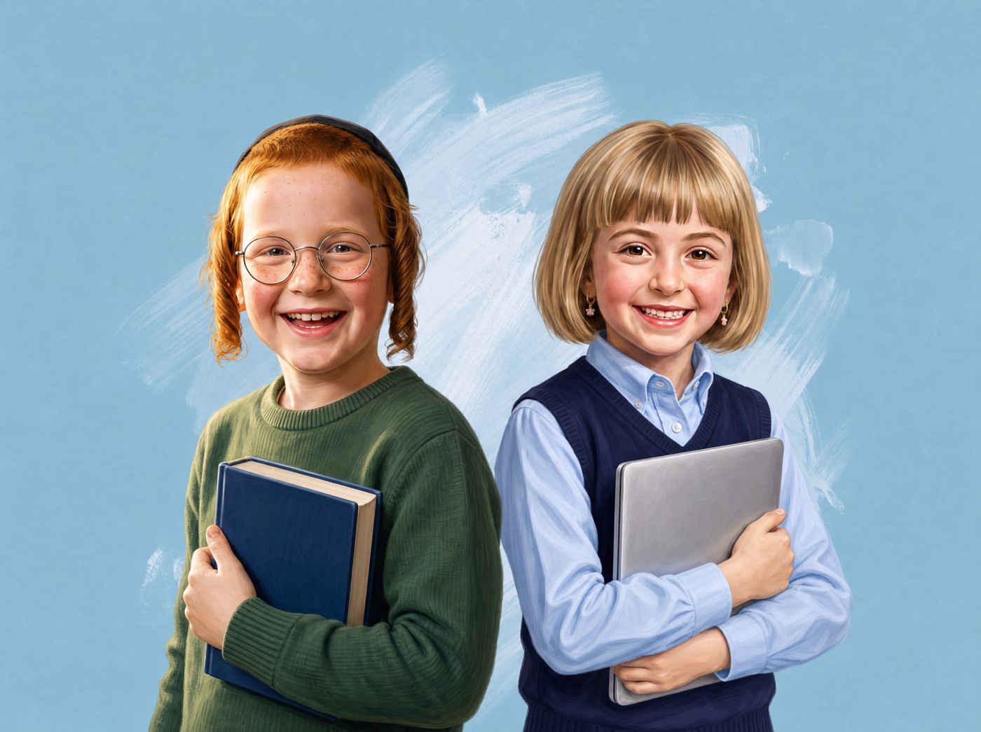Two smiling kids holding books against a blue backdrop