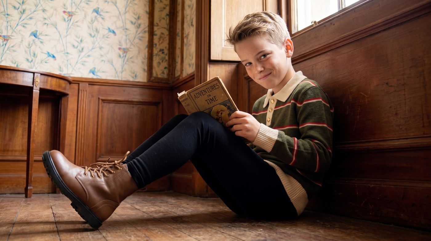 Boy reading a vintage book on a wooden floor
